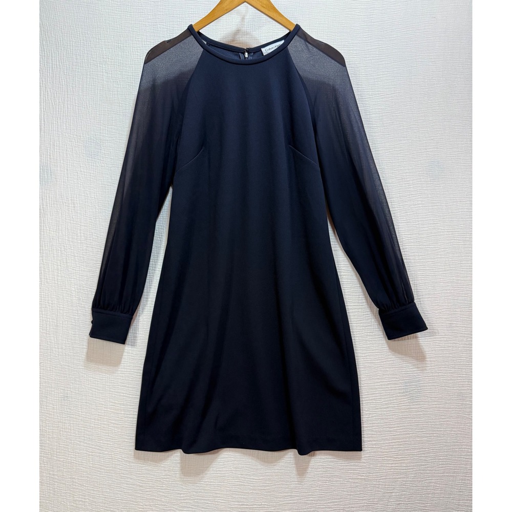 Calvin Klein Shift Dress Womens 8 Navy Blue Sheer Long Sleeve Career Modest
